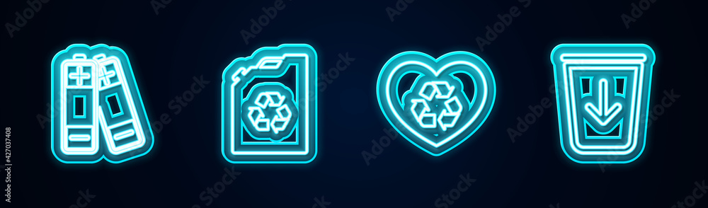 Set line Battery, Eco fuel canister, friendly heart and Send to the trash. Glowing neon icon. Vector Set line Battery, Eco fuel canister, friendly heart and Send to the trash. Glowing neon icon. Vector