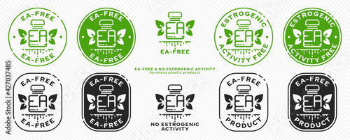 Concept for plastic products. Labeling - no estrogenic activity. A plastic EA bottle with leaves wings and a flowing line - a symbol of freedom from estrogenic activity. Vector grouped elements.