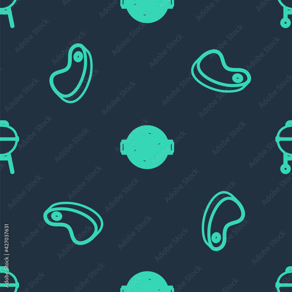 Naklejka premium Set line Barbecue grill with sausage, Steak meat and on seamless pattern. Vector