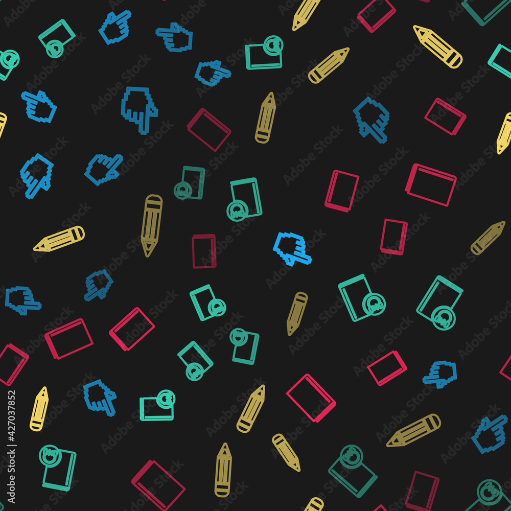 Set line Pixel hand cursor, Audio book, Pencil and Book on seamless pattern. Vector Set line Pixel hand cursor, Audio book, Pencil and Book on seamless pattern. Vector