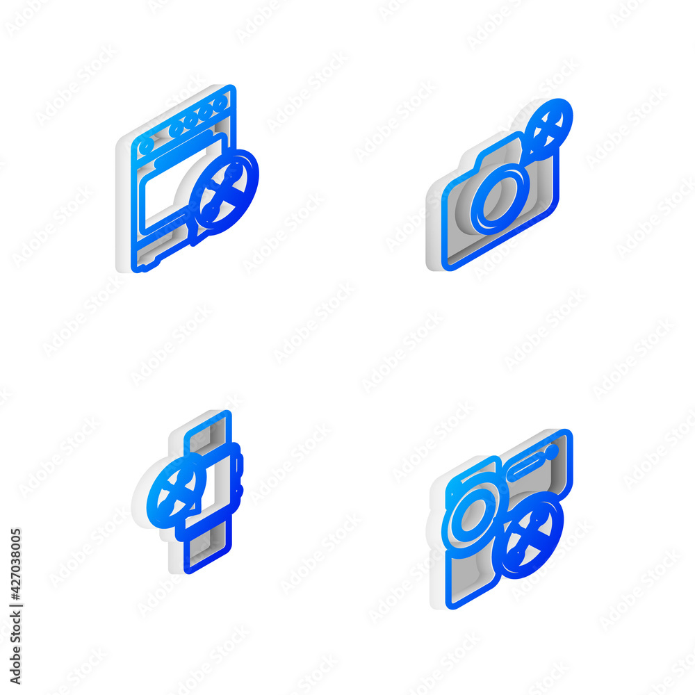 Set Isometric line Photo camera service, Oven, Smartwatch and Video icon. Vector Set Isometric line Photo camera service, Oven, Smartwatch and Video icon. Vector