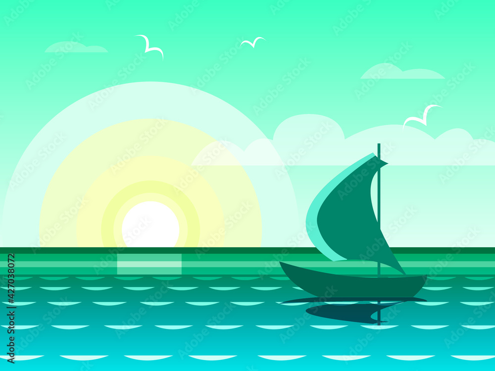Fototapeta premium Vector graphics - a beautiful seascape with the silhouette of a sailing yacht against the background of the golden morning sun and flying gulls in the sky. Concept - summer vacation and travel