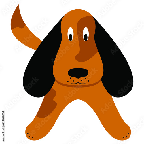 Vector graphics-funny cute brown spotted puppy with black drooping ears and upturned tail isolated on a white background. Concept - a pet