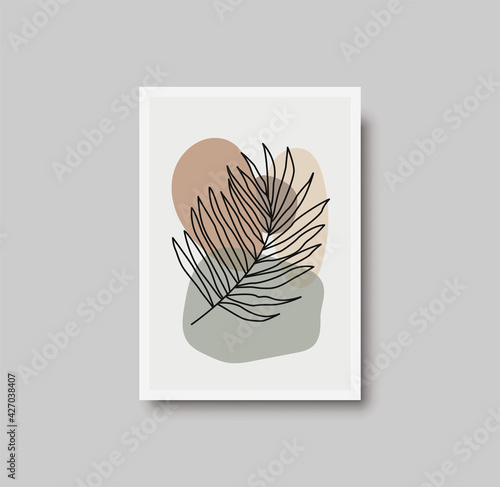 Botanical wall art abstract vector. Foliage line drawing. Neutral boho art print. Minimal mid century wall art print for bedroom decor. Gallery decor poster, terracota watercolor. Vector poster