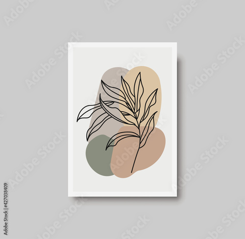 Botanical wall art abstract vector. Foliage line drawing. Neutral boho art print. Minimal mid century wall art print for bedroom decor. Gallery decor poster, terracota watercolor. Vector poster