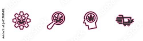 Set line Test tube with marijuana, Head in profile, Magnifying glass and and Shopping cart icon. Vector