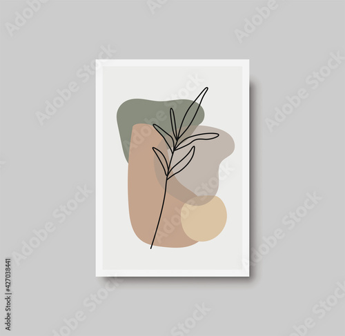 Botanical wall art abstract vector. Foliage line drawing. Neutral boho art print. Minimal mid century wall art print for bedroom decor. Gallery decor poster, terracota watercolor. Vector poster