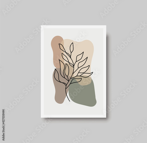 Botanical wall art abstract vector. Foliage line drawing. Neutral boho art print. Minimal mid century wall art print for bedroom decor. Gallery decor poster, terracota watercolor. Vector poster