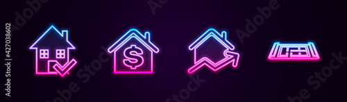 Set line House with check mark, dollar, Rising cost of housing and plan. Glowing neon icon. Vector