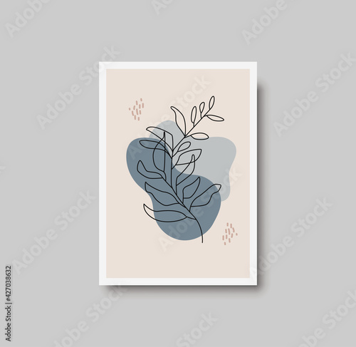 Botanical wall art abstract vector. Foliage line drawing. Neutral boho art print. Minimal mid century wall art print for bedroom decor. Gallery decor poster, terracota watercolor. Vector poster