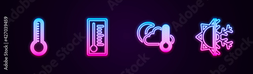 Set line Meteorology thermometer, , Thermometer and cloud, moon and Sun snowflake. Glowing neon icon. Vector