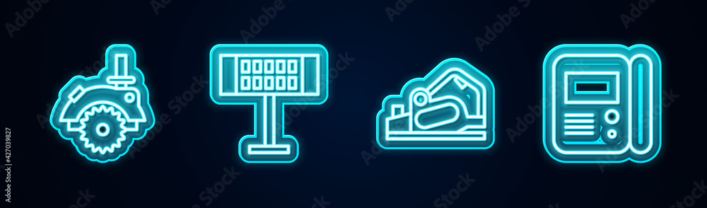Set line Electric circular saw, heater, planer tool and House intercom system. Glowing neon icon. Vector Set line Electric circular saw, heater, planer tool and House intercom system. Glowing neon icon. Vector
