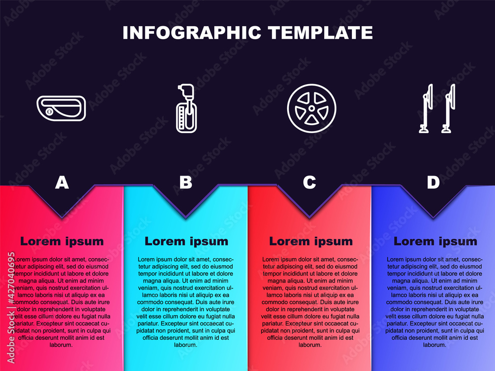 Set line Car door handle, Gear shifter, wheel and Windscreen wiper. Business infographic template. Vector