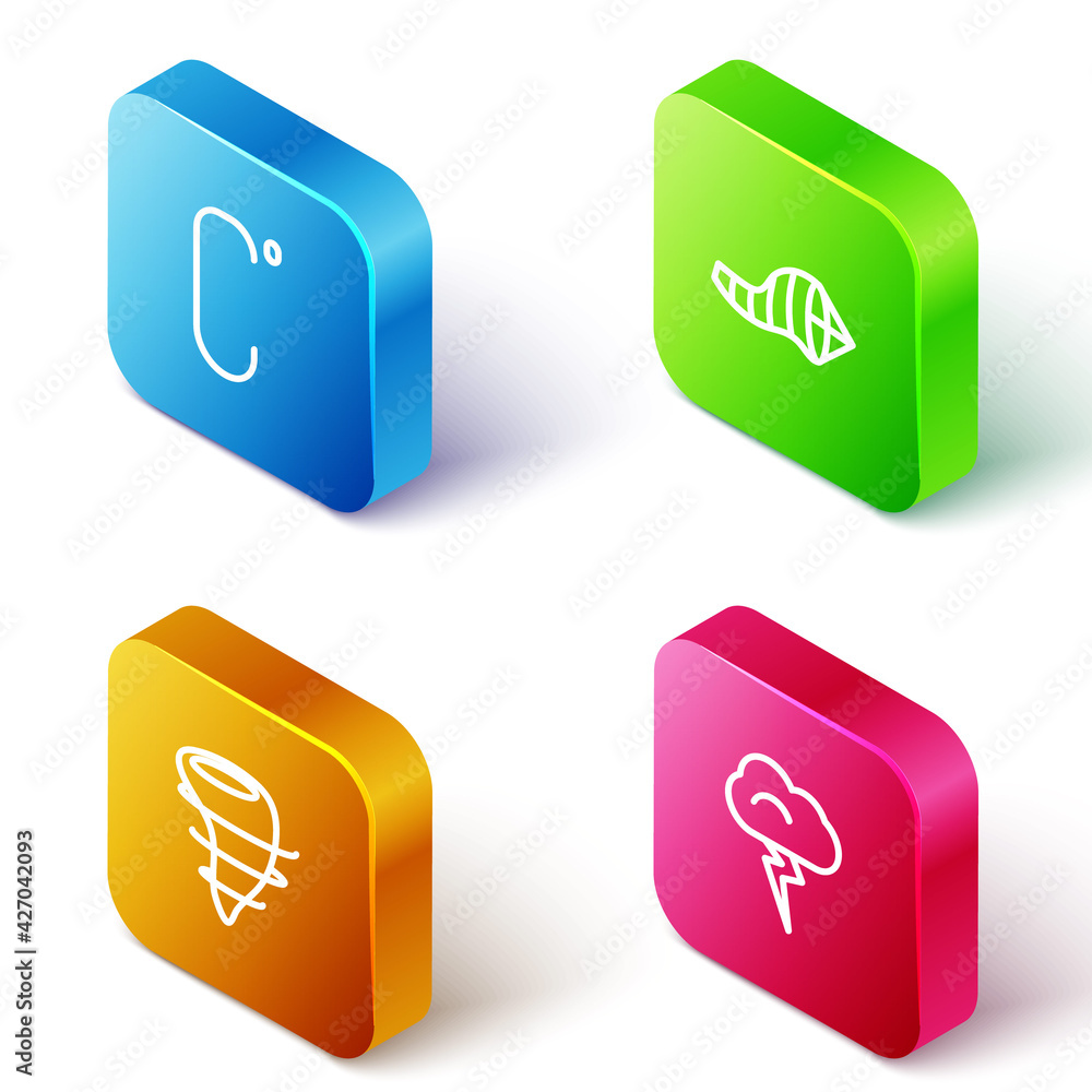 Set Isometric line Celsius, Cone meteorology windsock wind vane, Tornado and Storm icon. Vector Set Isometric line Celsius, Cone meteorology windsock wind vane, Tornado and Storm icon. Vector
