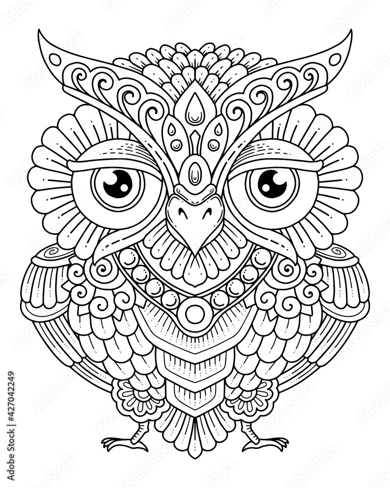 owl decorative design. coloring page, tattoo design, print design |