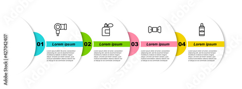 Set line Hair dryer, Aftershave bottle with atomizer, Bow tie and Shaving gel foam. Business infographic template. Vector