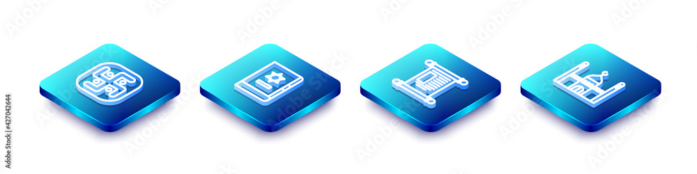 Set Isometric line Jainism, Jewish torah book, Decree, paper, parchment, scroll and Muslim Mosque icon. Vector Set Isometric line Jainism, Jewish torah book, Decree, paper, parchment, scroll and Muslim Mosque icon. Vector