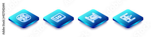 Set Isometric line Jainism, Jewish torah book, Decree, paper, parchment, scroll and Muslim Mosque icon. Vector