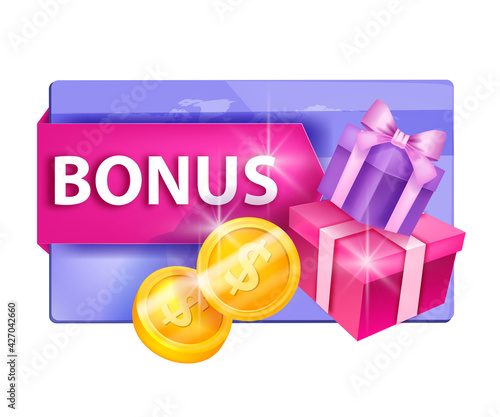 Customer reward, loyalty program vector illustration, gift card concept, present boxes, coins. Client online shopping bonus, internet sale e-commerce points concept. Loyalty program cashback design