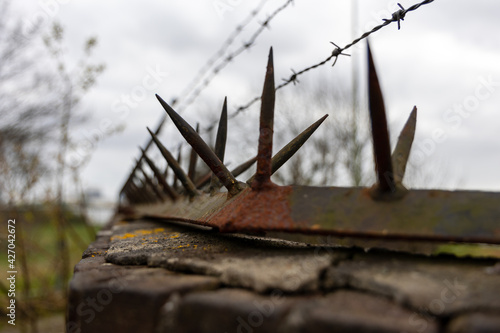 Urban rusty barbed wire and nails on stone wall