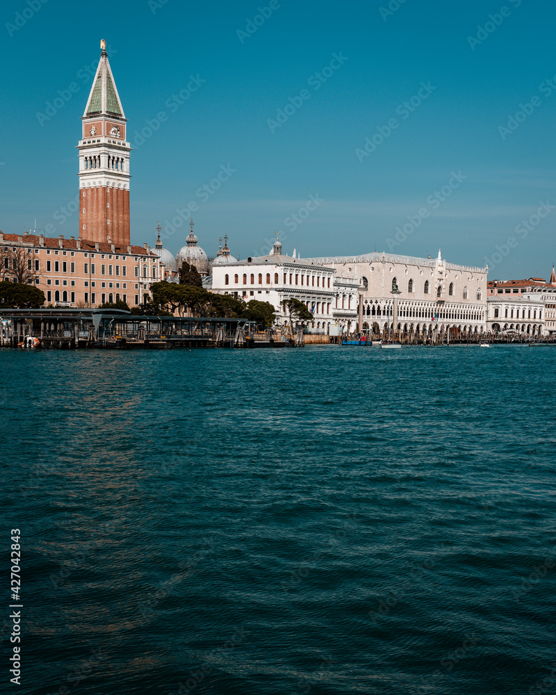 VENICE, IT - MARCH 07 2021: view of the doge's palace and st. mark bell tower in Venice