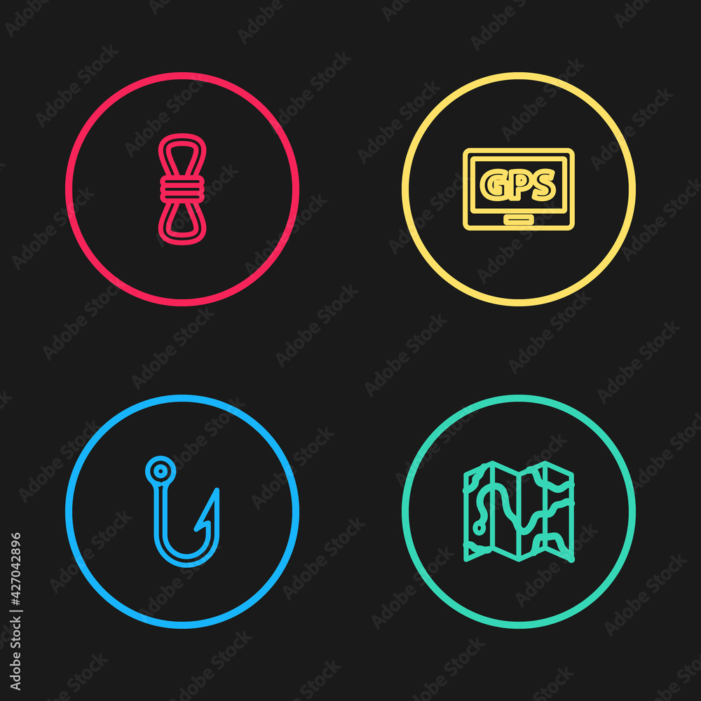 Set line Fishing hook, Location of the forest on map, Gps device with and Climber rope icon. Vector Set line Fishing hook, Location of the forest on map, Gps device with and Climber rope icon. Vector
