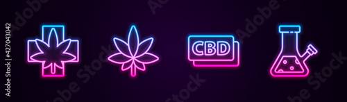 Set line Medical marijuana or cannabis leaf, Marijuana, Cannabis molecule and Glass bong for smoking. Glowing neon icon. Vector