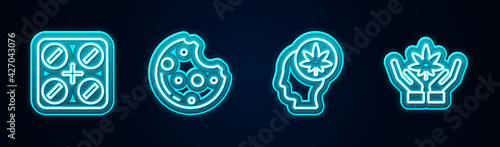Set line Medical pills with marijuana, Cookies, Head or cannabis and Marijuana leaf. Glowing neon icon. Vector