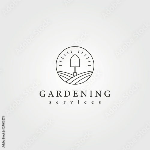 garden landscape shovel logo vector creative illustration design, line art logo design
