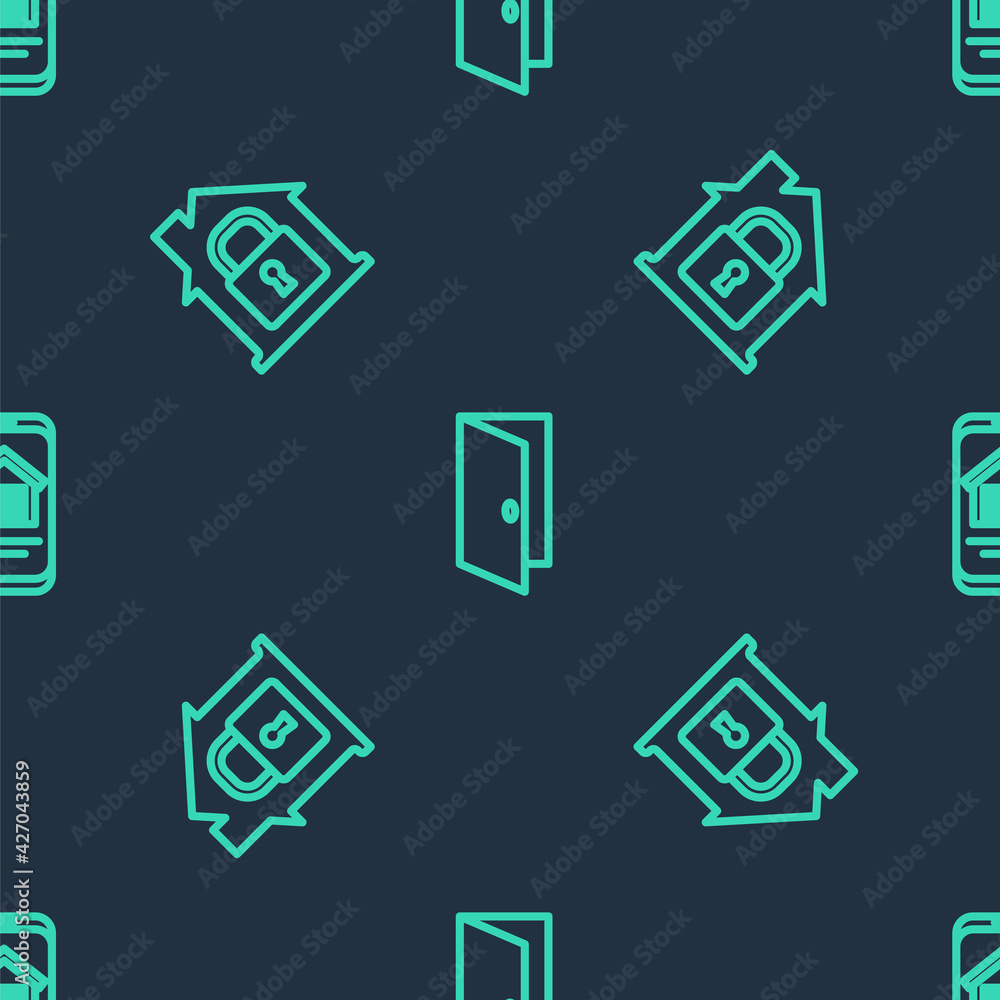 Set line Closed door, House under protection and Online real estate house on seamless pattern. Vector Set line Closed door, House under protection and Online real estate house on seamless pattern. Vector