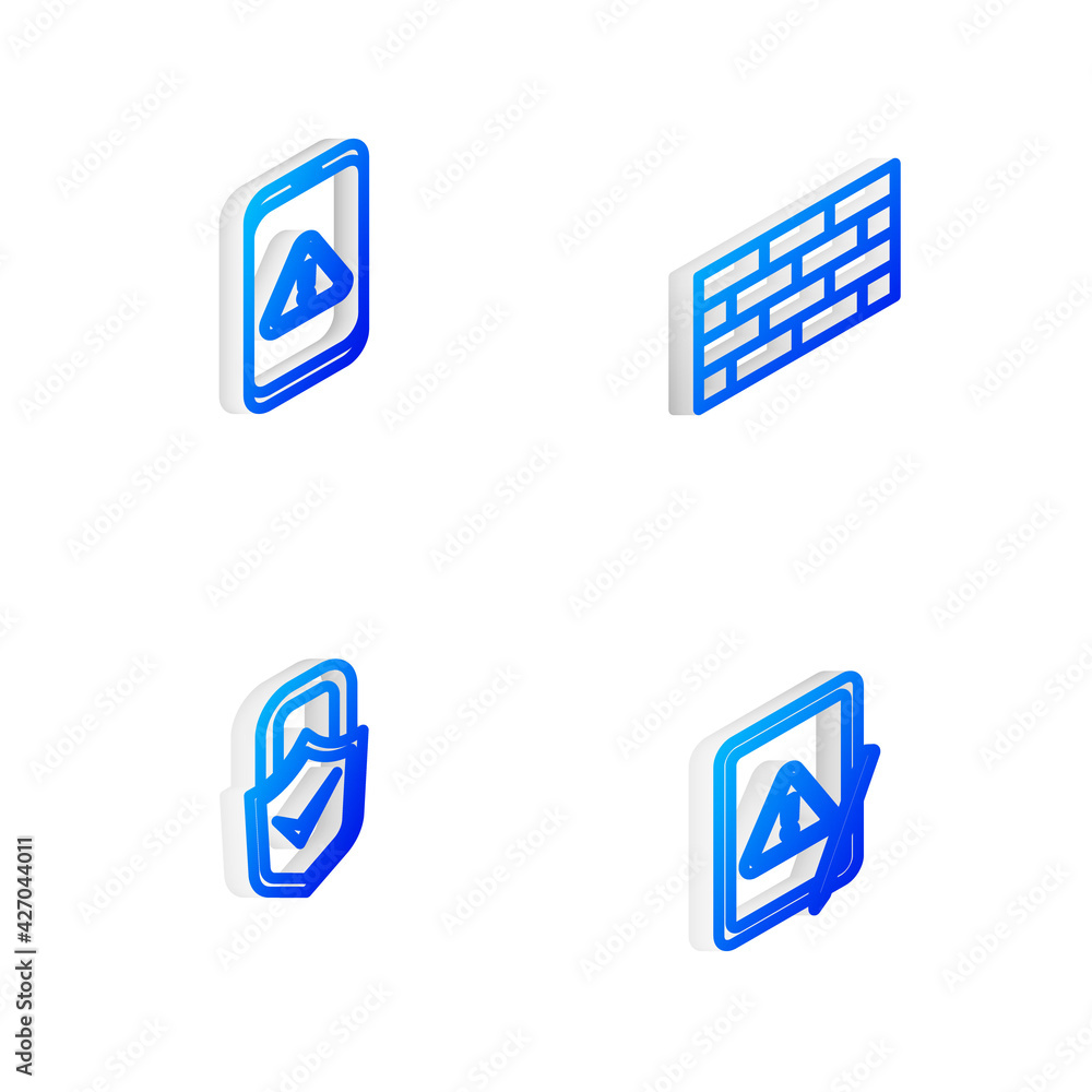 Set Isometric line Firewall, security wall, Mobile with exclamation mark, Lock and check and Tablet icon. Vector Set Isometric line Firewall, security wall, Mobile with exclamation mark, Lock and check and Tablet icon. Vector
