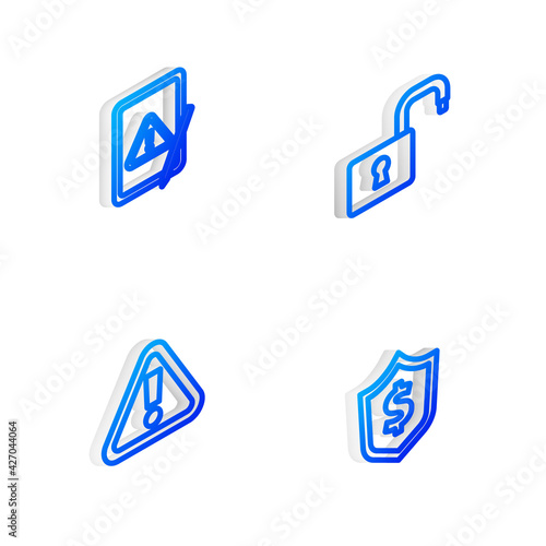 Set Isometric line Open padlock, Tablet with exclamation mark, Exclamation in triangle and Shield dollar icon. Vector © vector_v