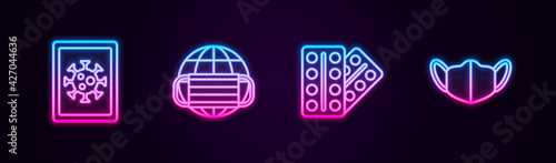 Set line Virus statistics on monitor, Earth with medical mask, Pills in blister pack and Medical protective. Glowing neon icon. Vector