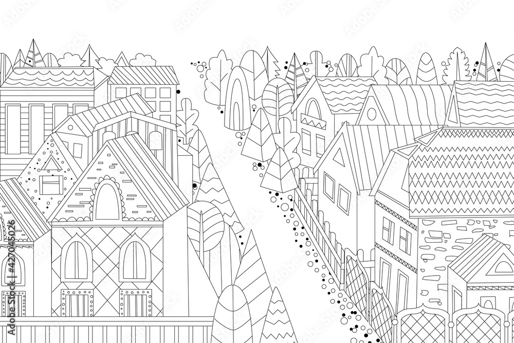 cozy cityscape with brick houses beyond fences for your coloring