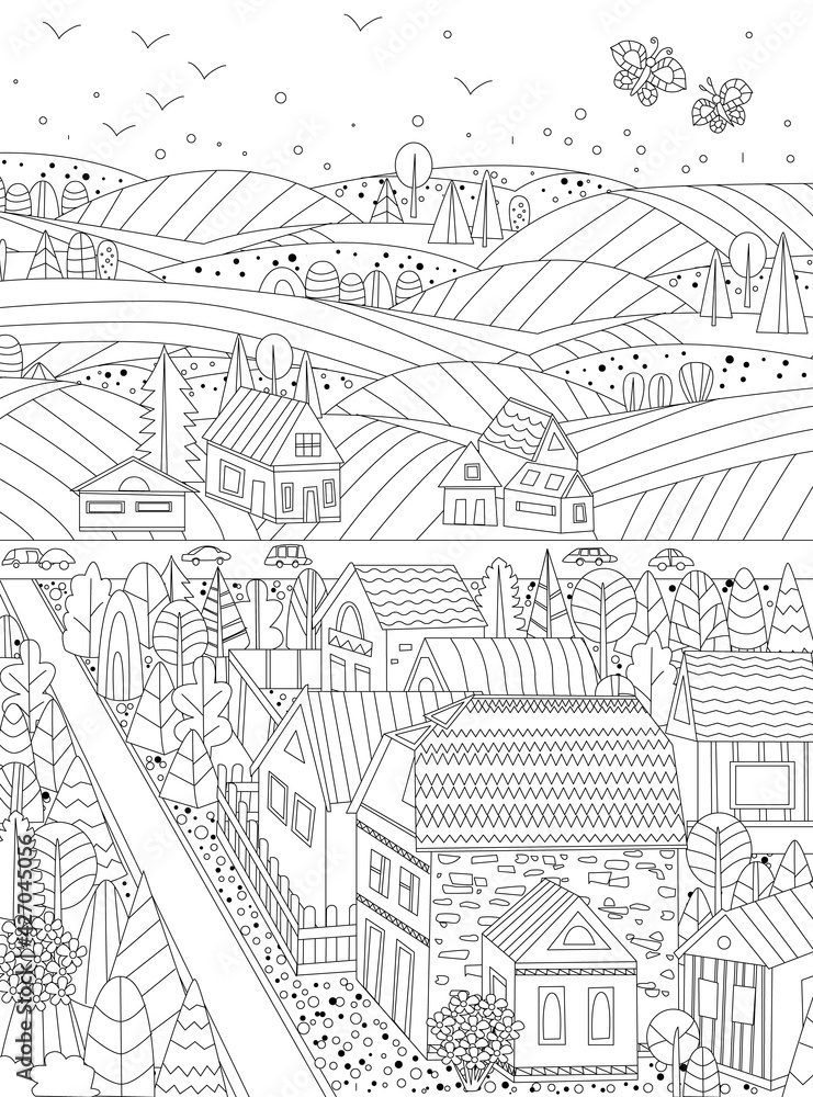 Obraz premium funny cityscape with cute cottages, flowering trees against rura
