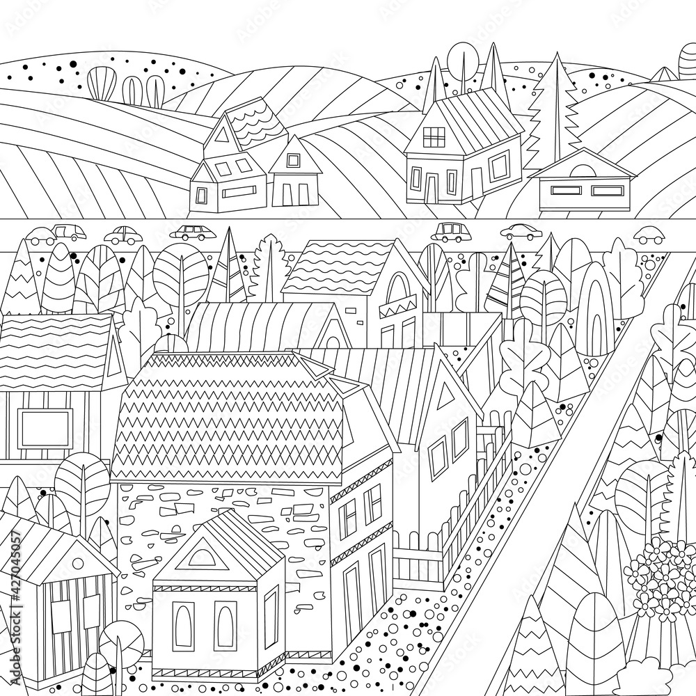 little town with a field beyond for your coloring book