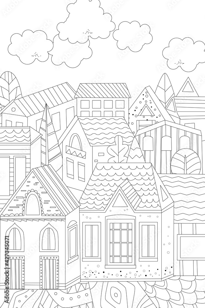 fancy cityscape with cloudy sky for your coloring page
