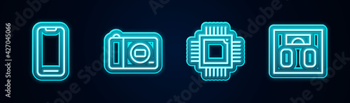 Set line Smartphone, Photo camera, Processor with microcircuits CPU and Bathroom scales. Glowing neon icon. Vector