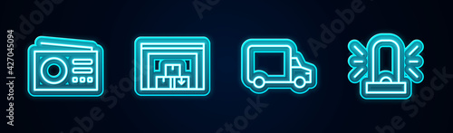 Set line Radio, Warehouse, Delivery cargo truck and Flasher siren. Glowing neon icon. Vector