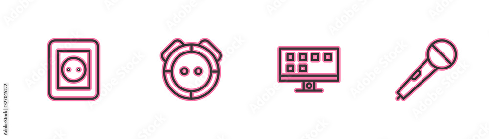 Set line Electrical outlet, Smart Tv, Robot vacuum cleaner and Microphone icon. Vector Set line Electrical outlet, Smart Tv, Robot vacuum cleaner and Microphone icon. Vector