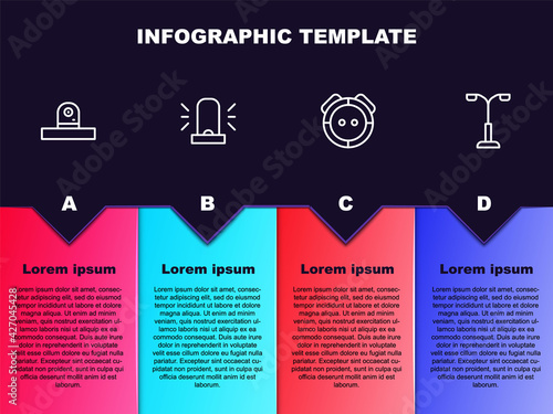 Set line Security camera, Flasher siren, Robot vacuum cleaner and Street light. Business infographic template. Vector