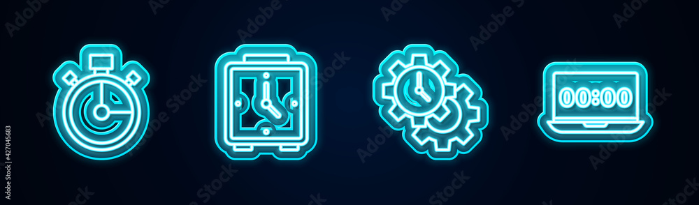 Set line Stopwatch, Alarm clock, Time Management and Clock on laptop. Glowing neon icon. Vector Set line Stopwatch, Alarm clock, Time Management and Clock on laptop. Glowing neon icon. Vector