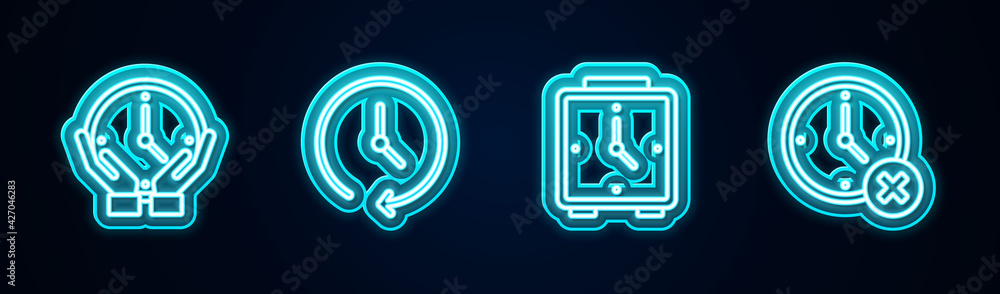 Obraz premium Set line Clock, , Alarm clock and delete. Glowing neon icon. Vector