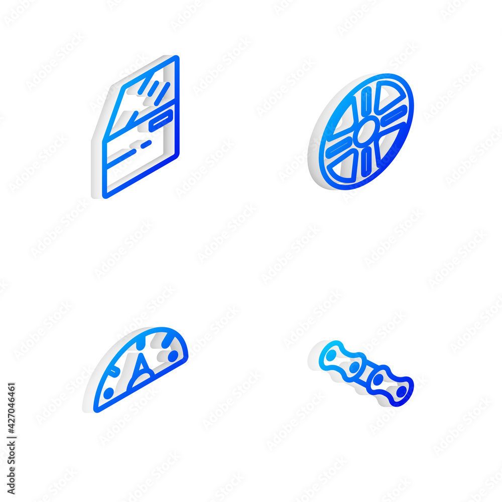 Set Isometric line Alloy wheel, Car door, Speedometer and chain icon. Vector Set Isometric line Alloy wheel, Car door, Speedometer and chain icon. Vector