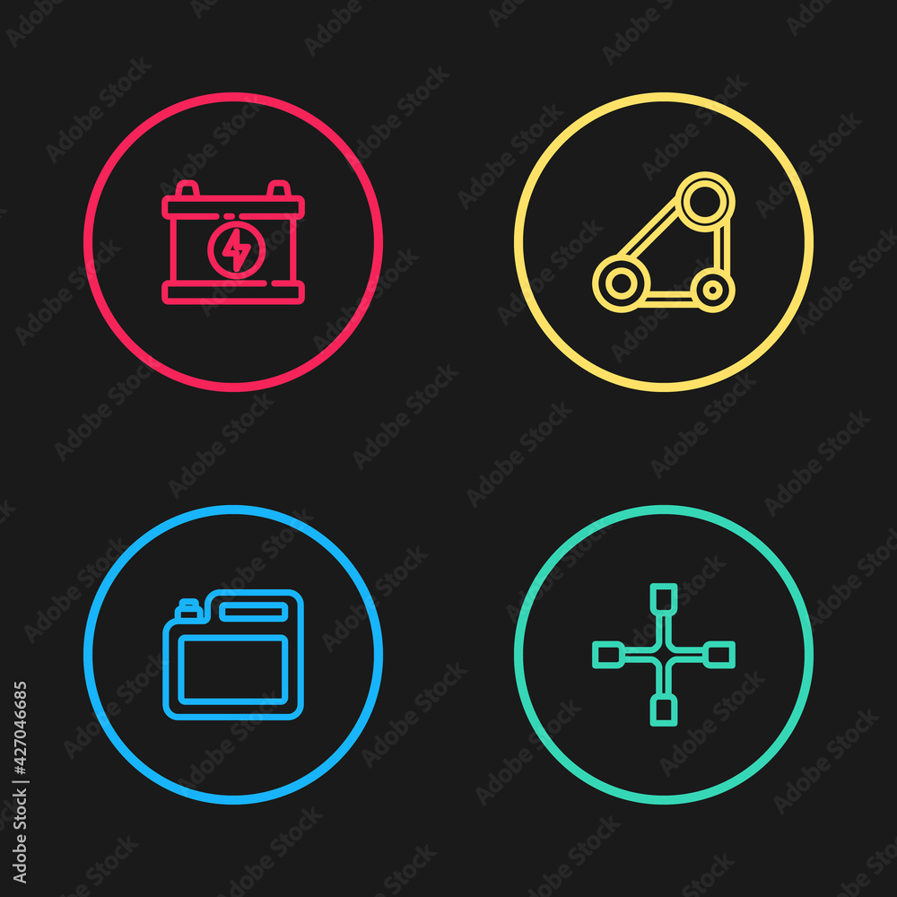 Set line Canister for motor oil, Wheel wrench, Timing belt kit and Car battery icon. Vector Set line Canister for motor oil, Wheel wrench, Timing belt kit and Car battery icon. Vector