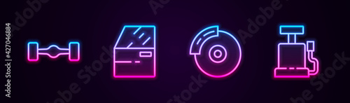 Set line Chassis car, Car door, brake disk with caliper and air pump. Glowing neon icon. Vector