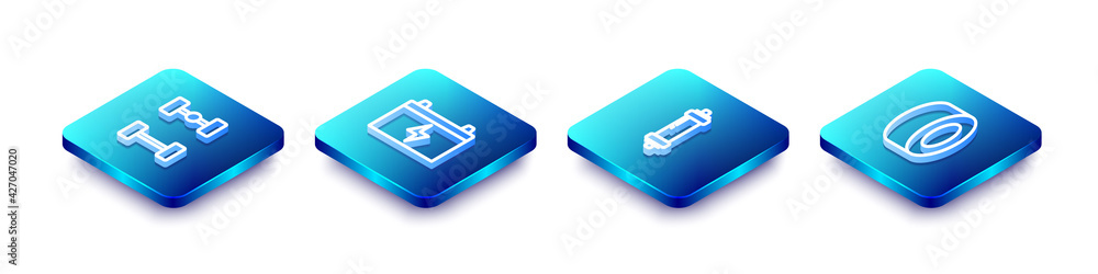 Set Isometric line Chassis car, Car battery, Shock absorber and tire icon. Vector Set Isometric line Chassis car, Car battery, Shock absorber and tire icon. Vector