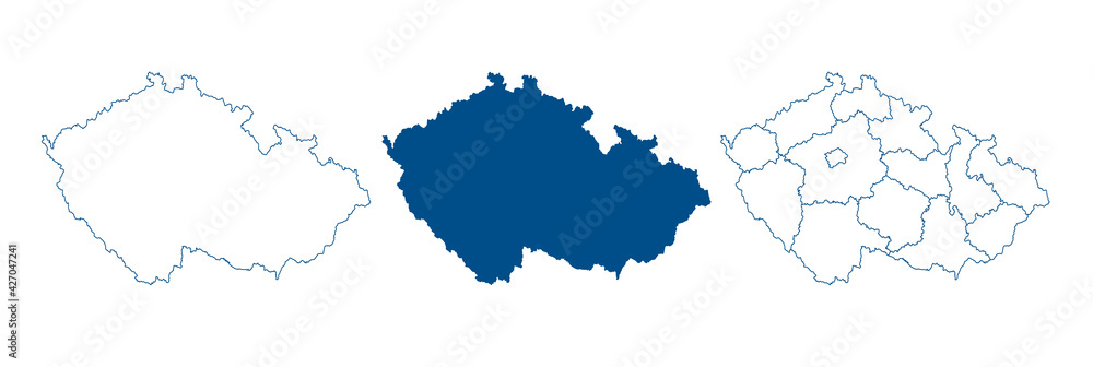 Czech Republic map vector. High detailed vector outline, blue silhouette and administrative divisions map of Czech Republic. All isolated on white background