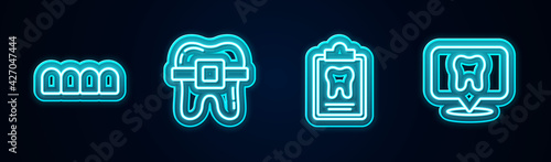 Set line Dentures model, Teeth with braces, Dental card and clinic location. Glowing neon icon. Vector