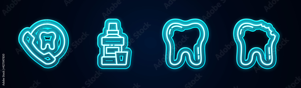 Set line Online dental care, Mouthwash bottle, Tooth and Broken tooth. Glowing neon icon. Vector Set line Online dental care, Mouthwash bottle, Tooth and Broken tooth. Glowing neon icon. Vector